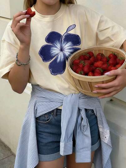 Girls & Teens' Casual Apricot Colored Graphic Print Crew Neck Short Sleeve T-Shirt, Summer Top