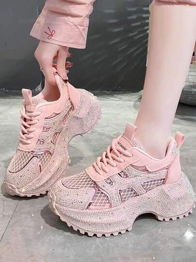 2025 New Starry Rhinestone Thick Sole White Sneakers For Women, Fashionable Elevated Casual Running Shoes