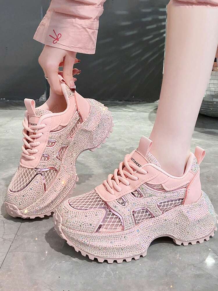 2025 New Starry Rhinestone Thick Sole White Sneakers For Women, Fashionable Elevated Casual Running Shoes - Pink - View 1