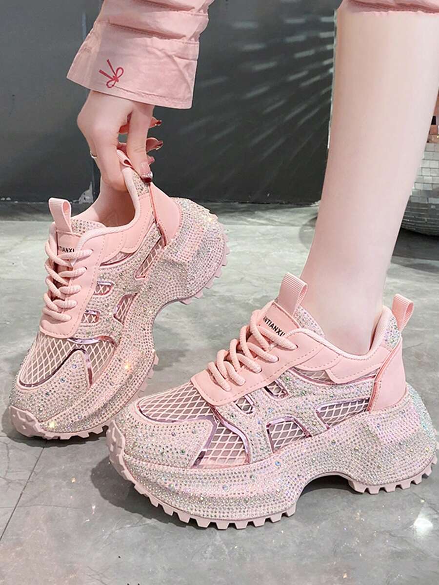 2025 New Starry Rhinestone Thick Sole White Sneakers For Women, Fashionable Elevated Casual Running Shoes - Pink - View 1