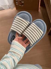 XIXITIAO 1 đôi dép lê sọc phối màu retro, đế mềm mại, thoải mái, thích hợp mang trong nhà vào mùa thu/đông. - Xanh và trắng - Xem 10