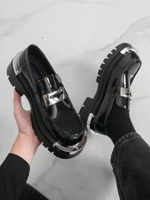 Men's Round Toe Thick Sole Derby Shoes, Fashion Loafers, Glossy Slip-On Casual Retro Dress Shoes For Men - Black - View 1