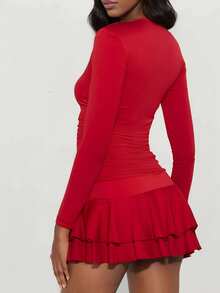 Elegant Solid Color Layered Long Sleeve Dress Without Ruffle Hem - Red - View 2