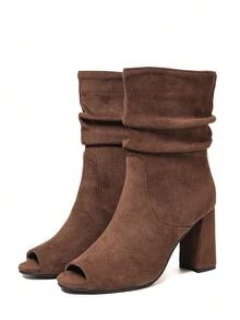 Coffee Pleated Slip-On Peep Toe High Heel Boots, Elegant & Versatile For Vacation, Party, Minimalist Fashion, Spring/Summer - Coffee Brown - View 6