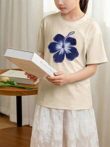 Tween Girls' Casual Apricot Colored Graphic Print Crew Neck Short Sleeve T-Shirt, Summer Top - Apricot - View 2