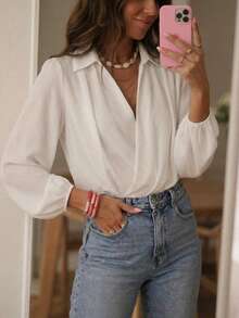 Áo kiểu voan trắng thanh lịch cổ chữ V chéo với cổ áo và tay phồng chun, thích hợp cho các hoạt động thường ngày, mẫu mới Xuân/Hè 2026. - trắng - Xem 8