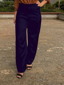 's Tailored Trousers, High-Waisted, Wide-Legged, With Pockets. - Navy Blue - View 1