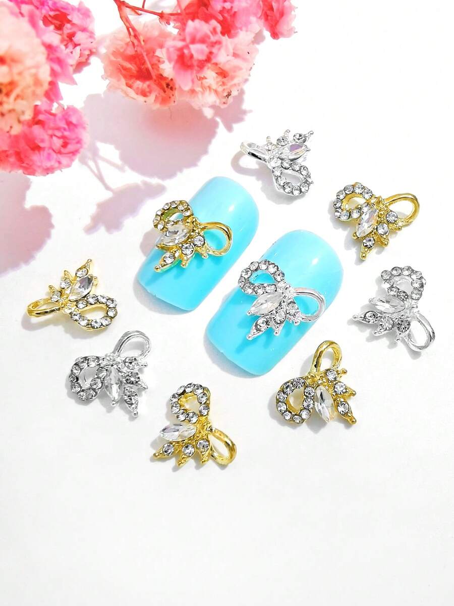 10pcs Sparkling Bow-Knot Rhinestone Nail Art Decorations, 3D Hollow Metallic Butterfly Nail Jewelry DIY Accessories Suitable For Girls And Women