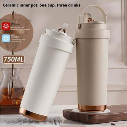 带可伸缩吸管的保温不锈钢水瓶，25盎司（750毫升）车载杯，带把手咖啡杯，大容量休闲水杯，冷热饮皆宜，户外休闲水瓶，三种饮用模式保温杯，O-Wala品牌，旅行/办公/露营/厨房理想之选