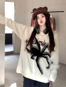 Spider Letter Pattern Loose Fit Crew Neck Long Sleeve Sweater, Autumn/Winter