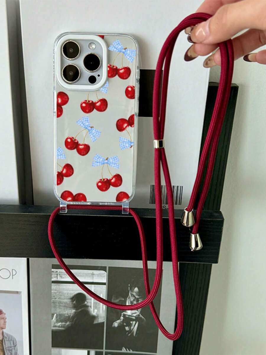 1 dây đeo cổ hình nơ kẻ caro xanh trắng kèm 1 dây đeo rời hình quả anh đào, dây đeo vai/đeo chéo có thể điều chỉnh, dây dày 4mm, vòng bảo vệ ống kính cao cấp, hai lỗ treo, ốp lưng điện thoại TPU mềm trong suốt tương thích với iPhone 17/17 Pro/Air/17 Pro Max/15 Pro Max/15 Pro/15 Plus/11/12/12 Pro Max/13/13 Pro Max/14/14 Pro Max/14 Plus/16/16 Pro/16 Plus/16 Pro Max