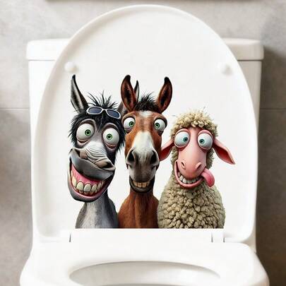 1pc Funny Animal Toilet Sticker, Featuring Silly Donkey & Giraffe Design, Waterproof Vinyl Self-Adhesive Wall Decal For Bathroom, Toilet Lid & Tank Home Decor