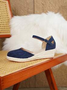 Women's Elegant Strap Buckle Wedge Platform Slip-On Shoes, Suitable For All Seasons - Blue - View 5