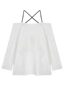 Casual Cartoon Print Open Shoulder Halter T-Shirt, Autumn White Spring - White - View 3