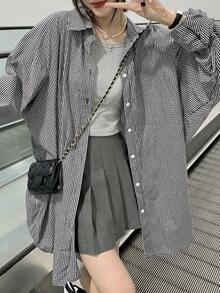 女士撞色格纹翻领长袖宽松单排扣休闲衬衫，春夏款 - 藍白色 - 查看 1