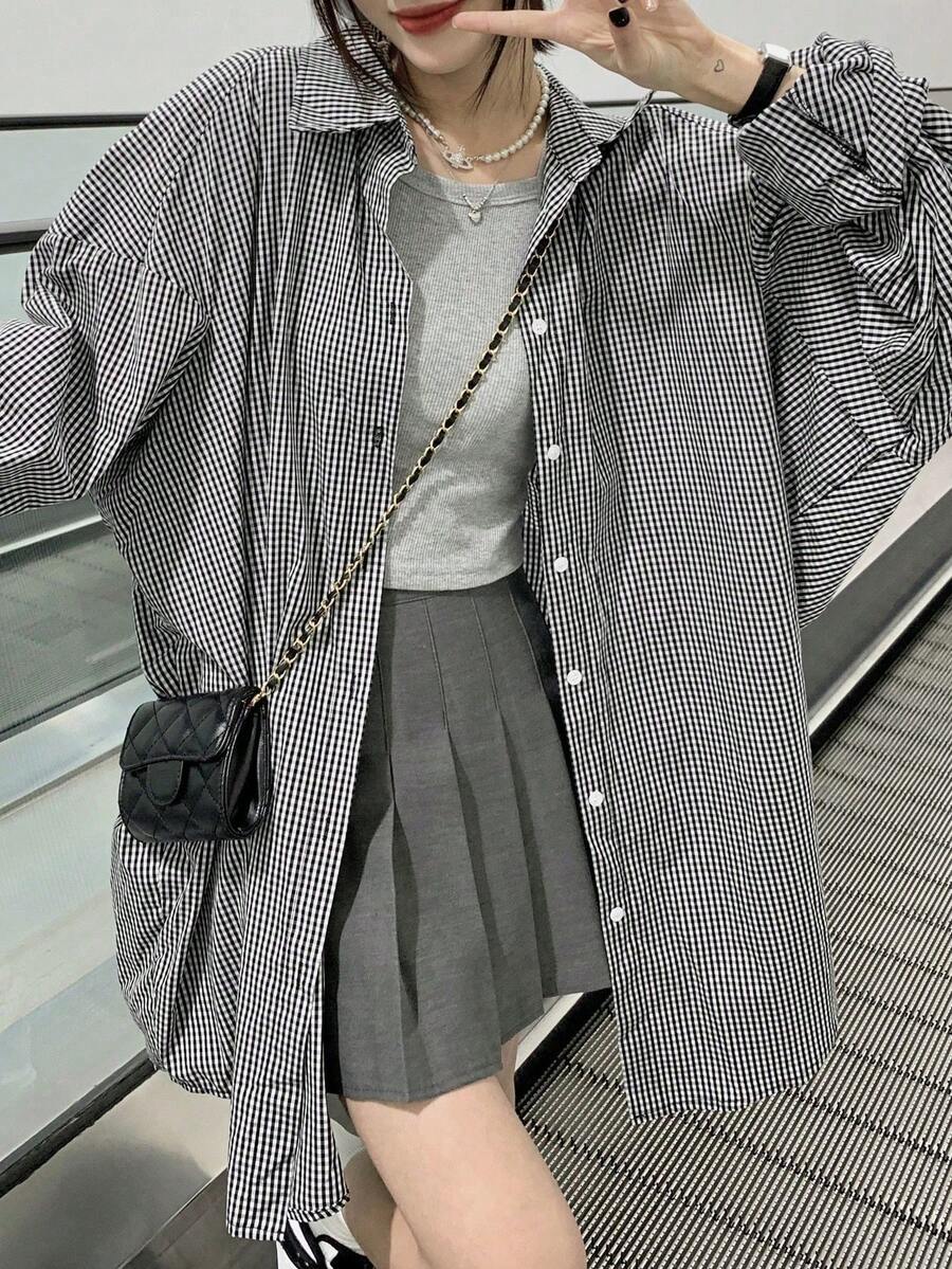 女士撞色格纹翻领长袖宽松单排扣休闲衬衫，春夏款 - 藍白色 - 查看 1