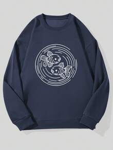 Men's Casual Crew Neck Sweatshirt With Pisces Pattern - 藏蓝色 - 查看 1