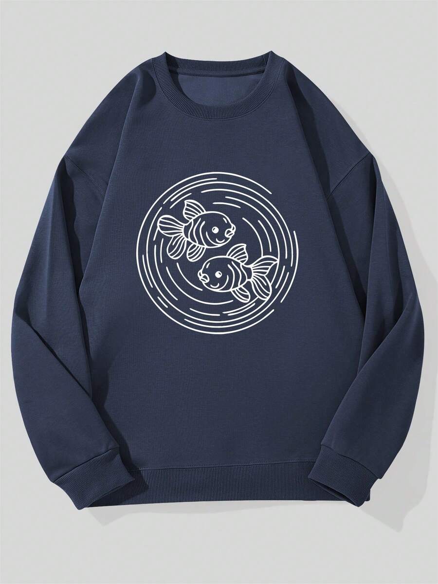 Men's Casual Crew Neck Sweatshirt With Pisces Pattern - 藏蓝色 - 查看 1