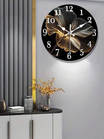 1 pieza Reloj de pared de madera silencioso sin tictac - Diseño floral abstracto plano 2D, fondo negro con acentos dorados, funciona con batería AA (batería no incluida), adecuado para sala de estar, dormitorio, cocina, oficina - Tamaño: 10 pulgadas/12 pulgadas/14 pulgadas/16 pulgadas, reloj de pared compacto y elegante, adecuado para sala de estar, dormitorio, diseño plano 2D duradero