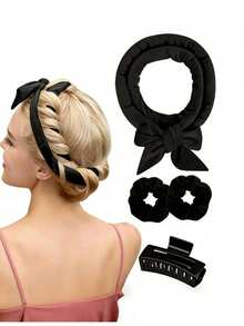 4 pièces Accessoires et outils pour cheveux de femme, friseur sans chaleur, outils de coiffure, pinces à cheveux, élastiques à cheveux, kit de coiffure, ensemble de coiffure - Noir 4 pièces - Voir 4