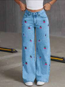 少女时尚街头风弹力腰带蝴蝶结刺绣休闲阔腿舒适牛仔裤