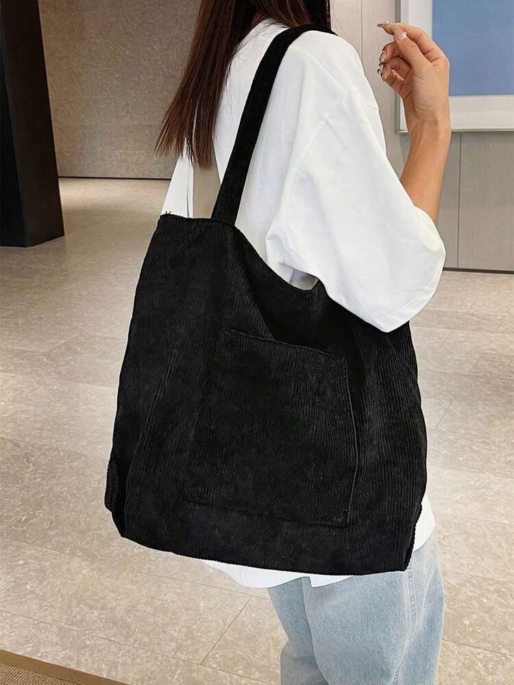 男士纯色托特包，时尚百搭单肩手提包，大容量帆布包，适合学生、大学生、中小学生、教师等，可作礼物、购物袋、返校用品包、带拉链书包、大号托特包、旅行必备帆布包、笔记本电脑包、沙滩周末包、沙滩包。 - 黑色 - 查看 9