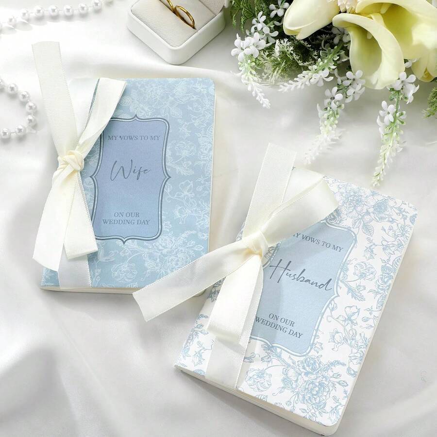 2 Pcs  Wife And Hand Wedding Vow Books With Ribbon Bow Floral Vow Books Notebook Wedding Vows Bride And Groom With 48 Pages 3.94 X 5.91 Inches Bridal Shower Gifts - Black - View 1