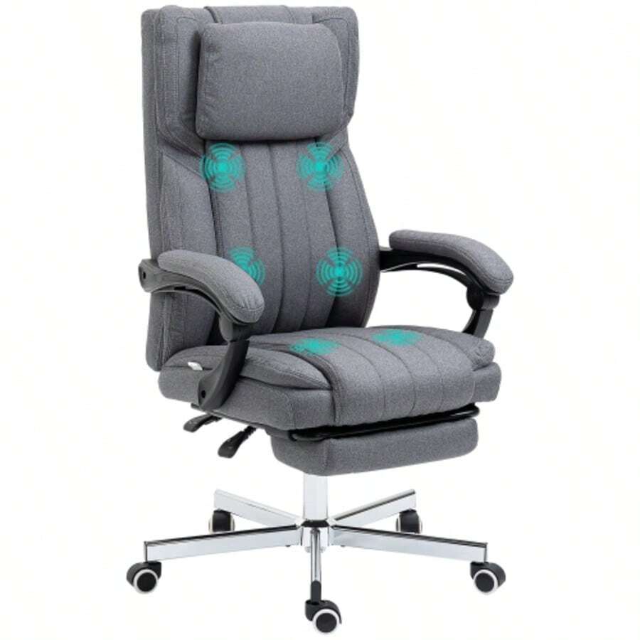 Vinsetto Office Chair With 5 Massage Modes, Ergonomic Reclining Office Chair, Height Adjustable, Footrest, Linen Look, Grey