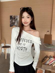 Oblique Shoulder Long Sleeve T-Shirt For Women, Letter Print Pleated Waist, High-End Early Autumn Undershirt - White - View 3