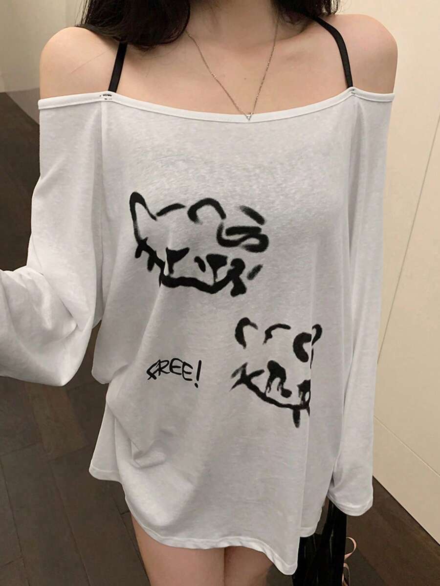 Camiseta holgada de cuello halter con estampado de dibujos animados y hombros abiertos, blanca de otoño y primavera - Blanco - Ver 1