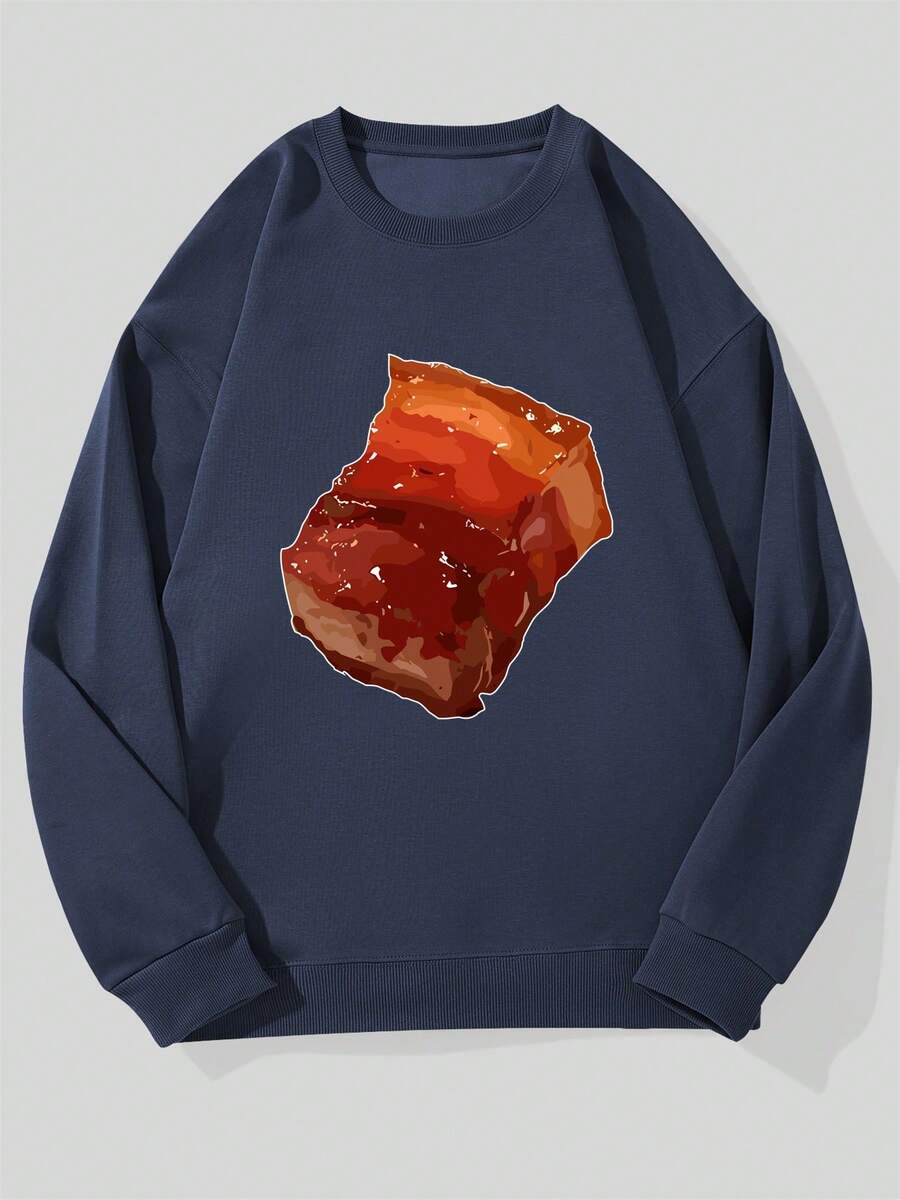 Men's Casual Crew Neck Sweatshirt With Meat Block Pattern - 藏蓝色 - 查看 1