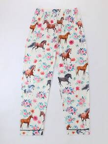 3 piezas Conjunto de pijama de mujer, manga corta, pantalones cortos y pantalones, pijama casual con solapa y botones, patrón de pareja de animales de dibujos animados de caballos, cómodo y holgado, adecuado para todas las estaciones, ropa de casa, regalo del Día de San Valentín - Blanco - Ver 8