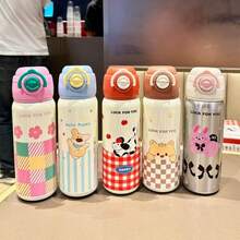 1 pieza Taza de bebida de doble capa de acero inoxidable linda, taza recta adorable de dibujos animados con gran capacidad, taza con pajita a prueba de derrames portátil, esencial para viajes y oficina - Multicolor - Ver 3