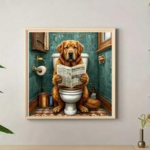 1 pieza Pintura de diamantes de un Golden Retriever sentado en el inodoro leyendo un periódico, lienzo de perforación completa con herramientas, pintura de diamantes hecha a mano para decoración, arte de diamantes, decoración de pared para sala de estar y dormitorio, regalo para adultos principiantes - Multicolor - Ver 4