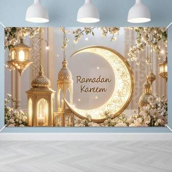 1pc Elegant Ramadan Mural Banner, Polyester Golden Crescent Moon And Lantern Design, Durable Wall Decor For Room And Party, Festive Home Decoration For New Year And Eid Al-Fitr Celebrations