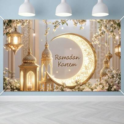 1pc Elegant Ramadan Mural Banner, Polyester Golden Crescent Moon And Lantern Design, Wall Decor For Room And Party, Festive Home Decoration For New Year And Eid Al-Fitr Celebrations