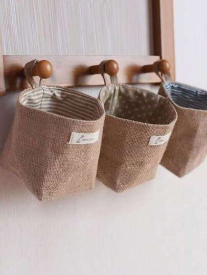 1pc Animal Stripe Mini Hanging Storage Basket - Beige Linen With Polka Dot Liner, Wall-Mounted Organizer For Clothes, Toys, And More - Versatile Closet Bin With Handles