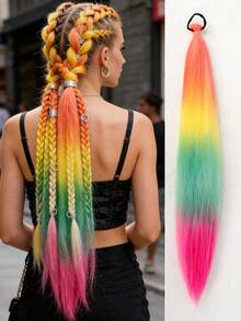 1-2 件装 26 英寸橙黄绿渐变色 DIY 编发接发 | 女士合成 Yaki 直发耐热蓬松马尾 | 适合万圣节、圣诞节、节日派对 - 彩色 - 查看 9