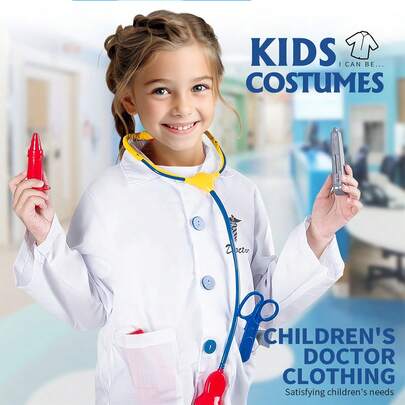 9pcs Kids' Doctor And Nurse Costume Set Includes Long-Sleeve Doctor's Coat, Stethoscope, Syringe, Blood Pressure Monitor, Nurse Apron Children's Role-Play Costume Props Top Choice For Holiday Gifts And Party Presents