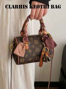 Minimalist Fashionable Handbag Made Of PU Fabric With Exquisite Pattern, Featuring Dual Handles, Pendant And Silk Scarf Accent, Combining Style And Elegance. Ideal For Women, Female College Students, Commuters, And Various Occasions, Also A Great Gift For Friends And Family. - Brown - View 8