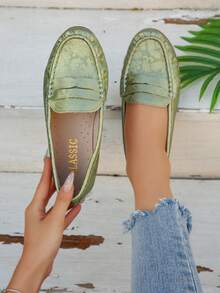 2026春季新款女士时尚平底鞋，低鞋面圆头花卉设计，百搭简约风格，软底舒适休闲轻便工作鞋 - 綠色 - 查看 4