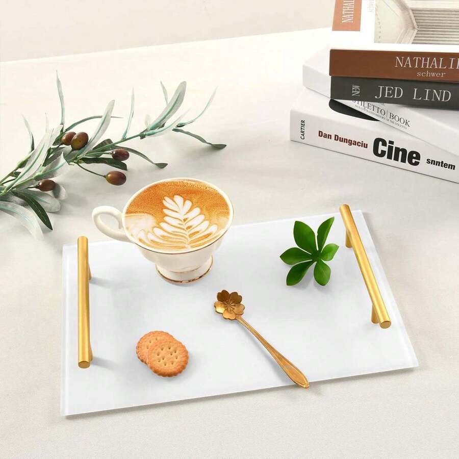 White Sturdy Acrylic Tray With Handles - Coffee, Appetizers, Breakfast, Butler - Kitchen Countertop Makeup Drawer Organizer - Vanity Stool Tray - Decorative Tray