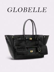 GLOBELLE 时尚复古摩托车包，大容量可扩展，金色五金配件，纯色鳄鱼纹压花双提手，女士单肩手提包，适合上班族女性，完美适用于大学、工作、商务、通勤、户外、旅行、野餐、办公室等各种场合，也适合工作、购物、送礼、休闲旅行。简约百搭，适合户外休闲和购物。 - 黑色 - 查看 5