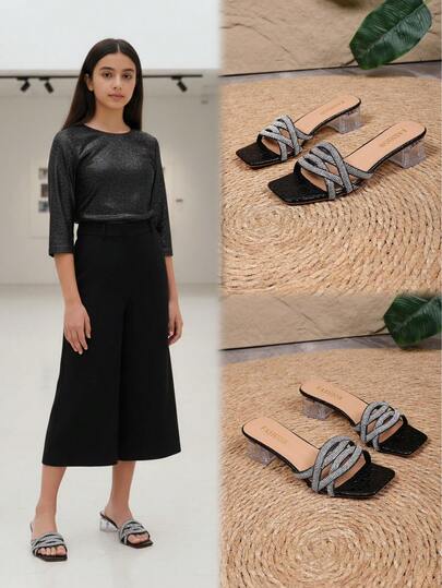 1 Pair Black Plus Size Teenage Girls' Leather Rhinestone Decor Criss-Cross Strap Soft Comfortable Slip-On Square Toe Crystal Transparent Chunky Heel Sandals, Simple Design, Fashion & Elegant, Lightweight Roman Style House Slippers, Suitable For Teenage Girls, Daily, Party, School, Commute, Travel, Spring/Summer New