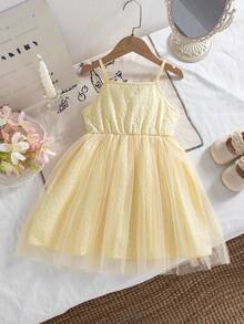 Girls' Casual Solid Color Sleeveless Knee-Length Dress With Bow Decor And Mesh Hem Design, Suitable For Spring/Summer - Yellow - View 2
