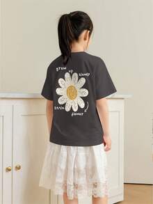 女童和青少年学生休闲印花深灰色圆领短袖 T 恤，夏季上衣 - 深灰色 - 查看 2