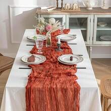 1pc Pleated Cheesecloth Table Runner, Suitable For Wedding, Bridal, Birthday Party Long And Round Dining Table Centerpiece Decor - Rust Brown - View 4