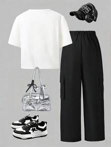 Conjunto de 2 piezas de top corto de punto con estampado de lazo con brillo y pantalones cargo de utilidad para niña preadolescente, ideal para uso casual y deportivo en vacaciones - Blanco - Ver 4