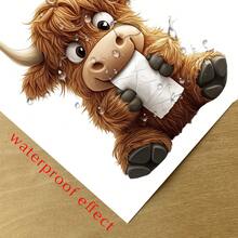 Adesivo de banheiro engraçado com vaca das Terras Altas, estampa de animal fofo segurando um rolo de papel higiênico, adesivo de vinil removível e à prova d'água para banheiro, tampa do vaso sanitário, caixa acoplada e decoração de parede.