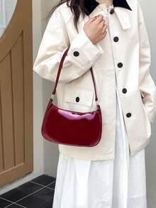 Women's Simple Solid Color Shoulder Bag, Casual Everyday Style, Fashionable Burgundy Color. , Burgundy Bag - 酒紅色 - 查看 6